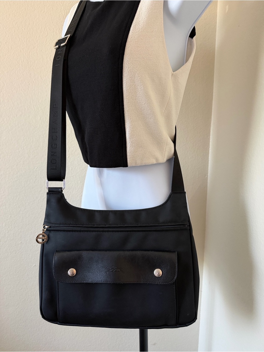 Longchamp Black Crossbody Bag with Front Flap Pocket